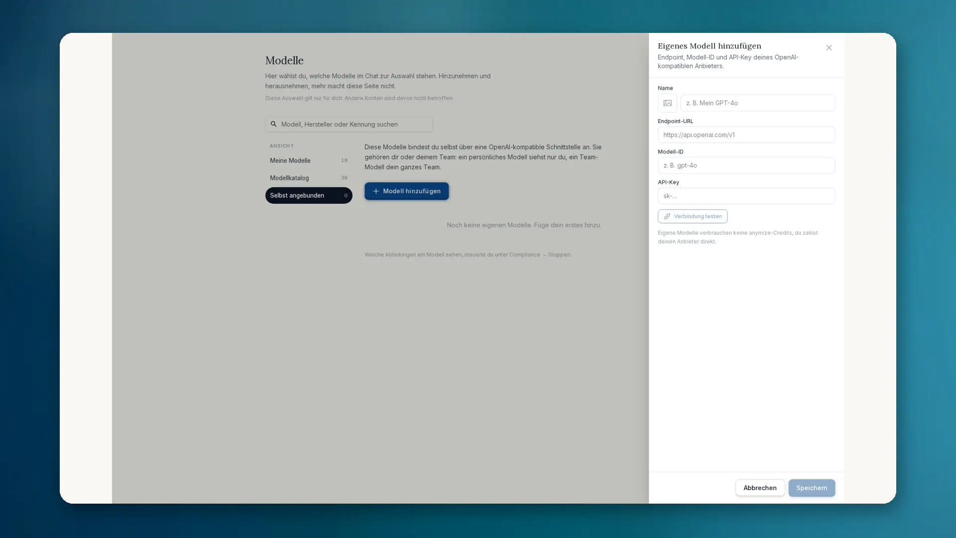 Formular Eigenes Modell hinzufügen: Name, Endpunkt-URL, Modell-ID, API-Schlüssel und Verbindung testen.