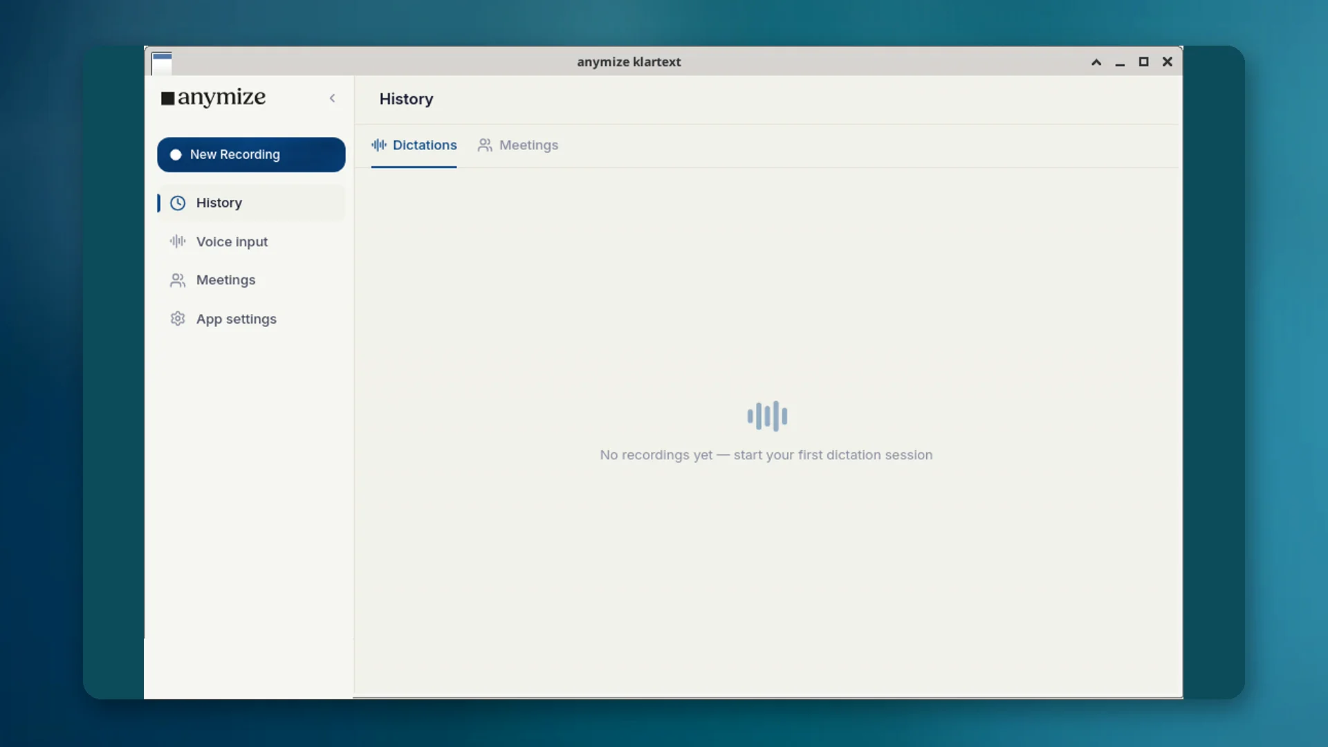 Apps-området Klartext: rene transskriptioner (desktop, live og audio-import).