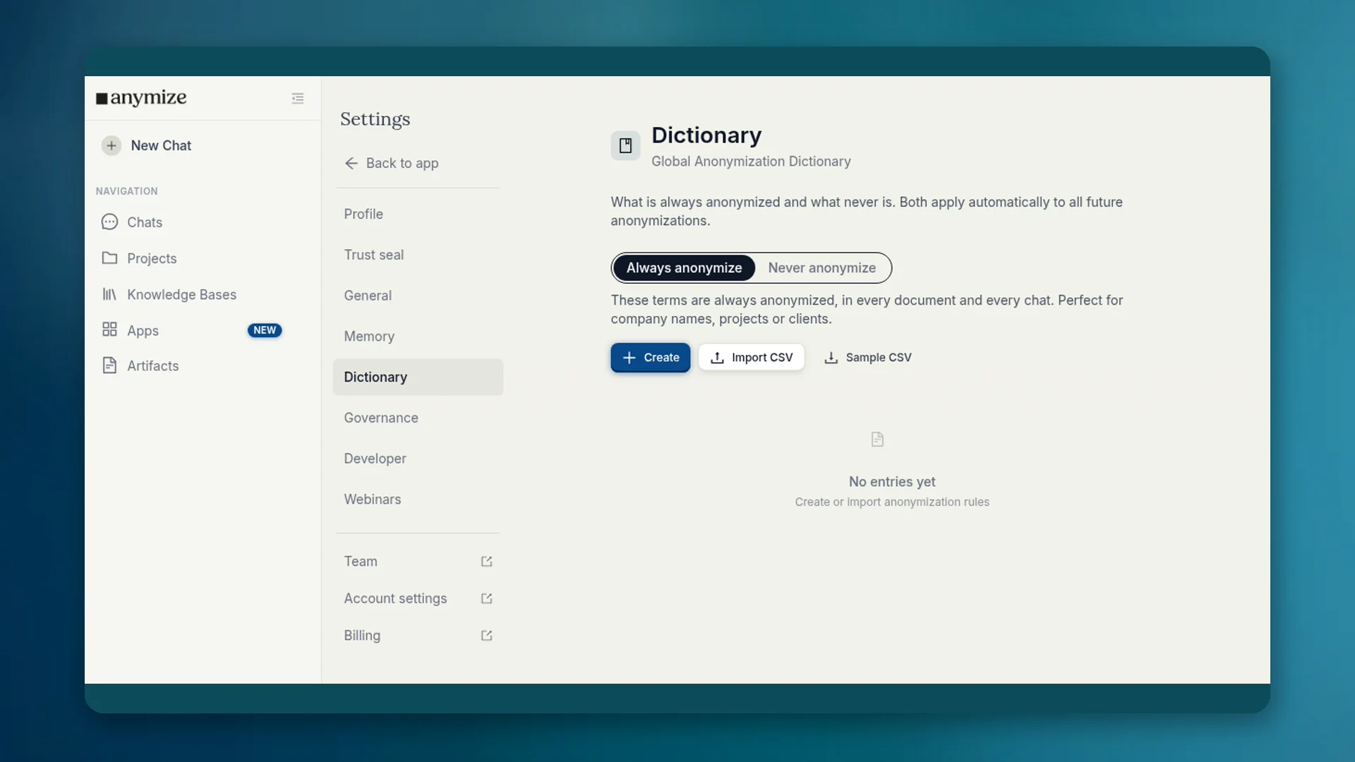 Wörterbuch unter Apps: Listen Immer anonymisieren und Nie anonymisieren, mit Einträgen und CSV-Import.